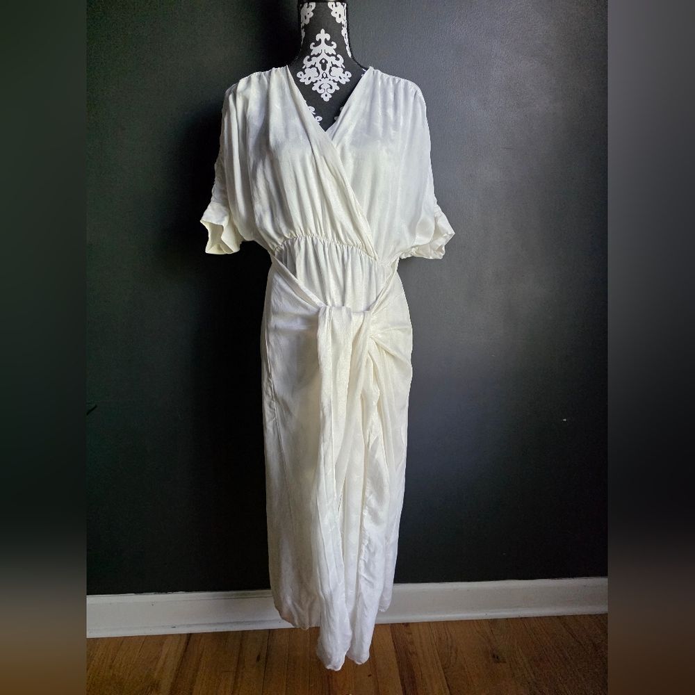 Sami Dress Ivory Midi Callahan Knitwear Deep V Faux Wrap Tie Loose Sz XS Revolve